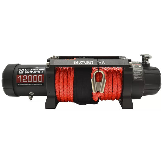 Carbon Winch 12000lb Winch with Red Synthetic Rope & Hook V2