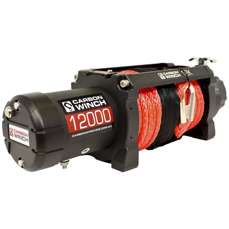 Load image into Gallery viewer, Carbon Winch 12000lb Winch with Red Synthetic Rope &amp; Hook V2
