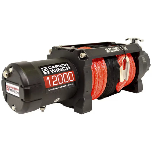 Carbon Winch 12000lb Winch with Red Synthetic Rope & Hook V2