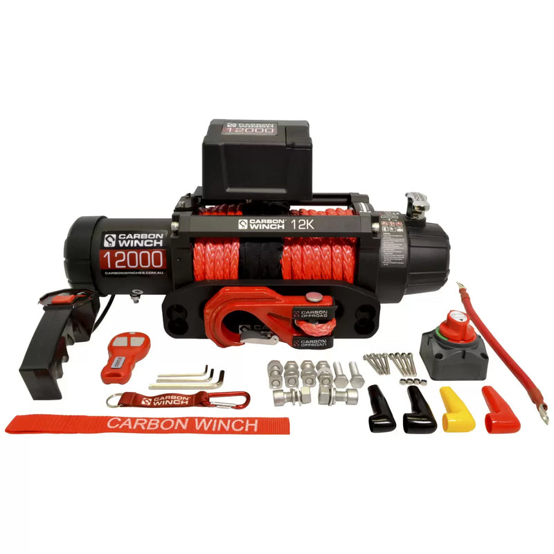 Load image into Gallery viewer, Carbon Winch 12000lb Winch with Red Synthetic Rope &amp; Hook V2
