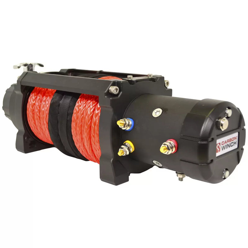 Load image into Gallery viewer, Carbon Winch 12000lb Winch with Red Synthetic Rope &amp; Hook V2
