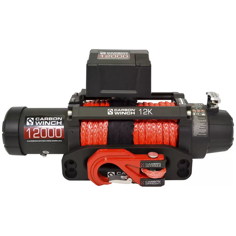 Load image into Gallery viewer, Carbon Winch 12000lb Winch with Red Synthetic Rope &amp; Hook V2
