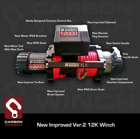 Carbon Winch 12000lb Winch with Red Synthetic Rope & Hook V2