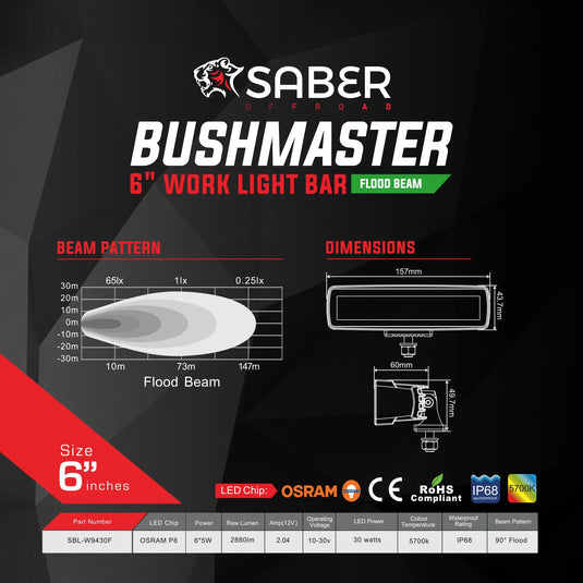 Saber Offroad 6″ 30W Work Light Bar – Flood Beam