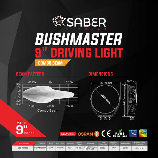 Saber Offroad 9″ 157W Driving Light – Spot Beam