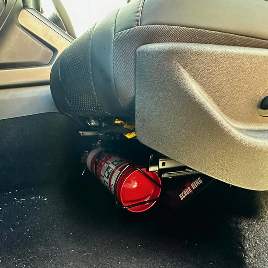 Scrub King matte black stainless steel fire extinguisher bracket mounted on BYD Shark 2024 passenger seat rail