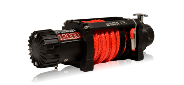 Load image into Gallery viewer, Carbon Winch 12000lb Winch with Red Synthetic Rope &amp; Hook V2
