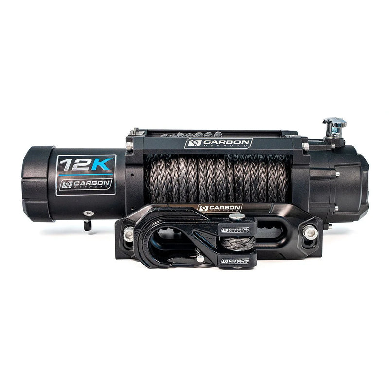 Load image into Gallery viewer, Carbon 12K V3X 12000lb electric 4WD winch with MegaPro hook and synthetic rope mounted on bull bar
