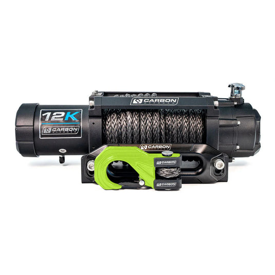 Carbon Offroad 12K V3X winch with MegaPro hook shown in black — 12000lb synthetic rope winch for HiLux Ranger Navara LandCruiser