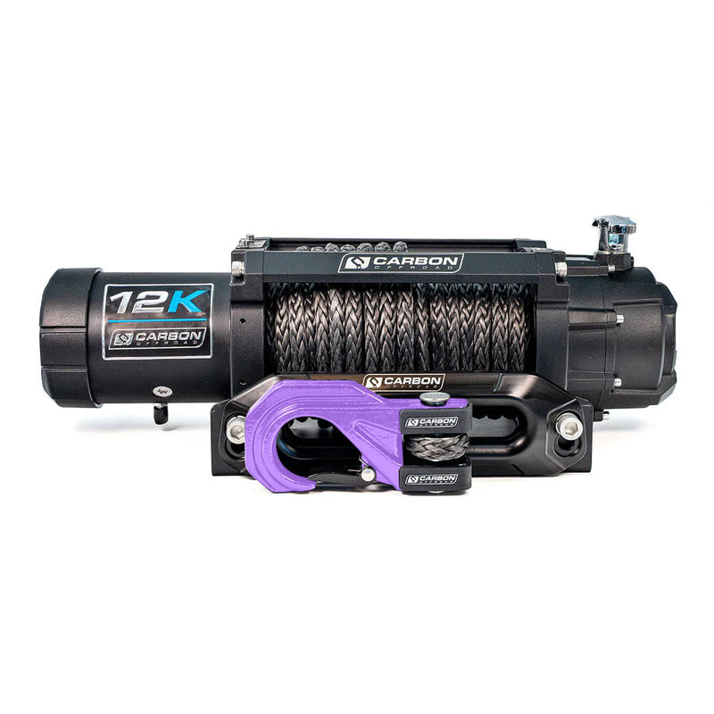 Load image into Gallery viewer, Carbon Offroad 12K V3X winch with MegaPro hook shown in black — 12000lb synthetic rope winch for HiLux Ranger Navara LandCruiser
