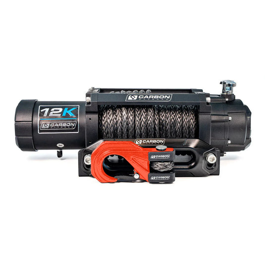 Carbon 12K V3X 12000lb electric 4WD winch with MegaPro hook and synthetic rope mounted on bull bar