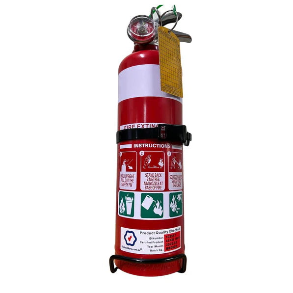 Load image into Gallery viewer, 1KG ABE fire extinguisher mounted in Scrub King bracket on 4WD
