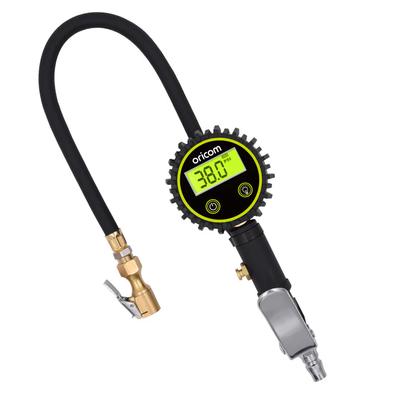 Load image into Gallery viewer, Digital tire pressure gauge with a black hose and brass fitting on a white background
