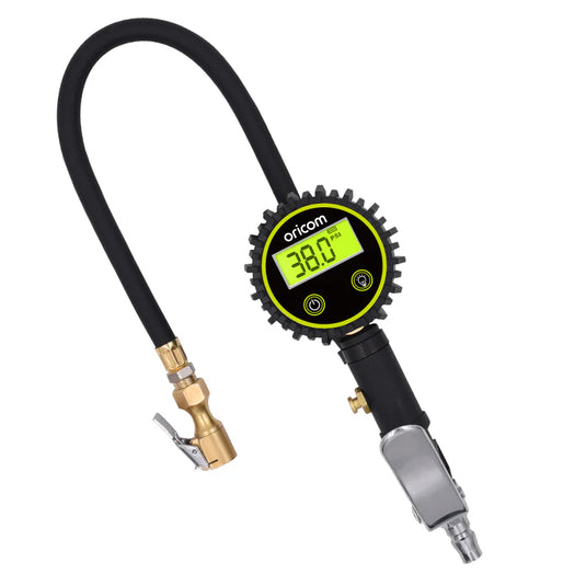 Digital tire pressure gauge with a black hose and brass fitting on a white background