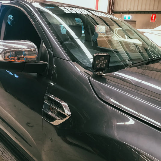 Scrub King ditch light bracket installed on Ford Ranger PX bonnet hinge
