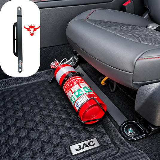 JAC T9 passenger side fire extinguisher bracket in matte black powder coated stainless steel