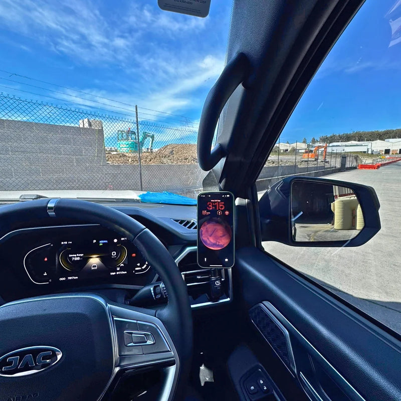 Load image into Gallery viewer, JAC T9 phone holder mounted on the A-pillar using Scrub King steel bracket

