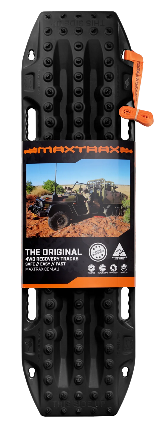 MAXTRAX MKII Black recovery boards in use under 4WD tyre in mud