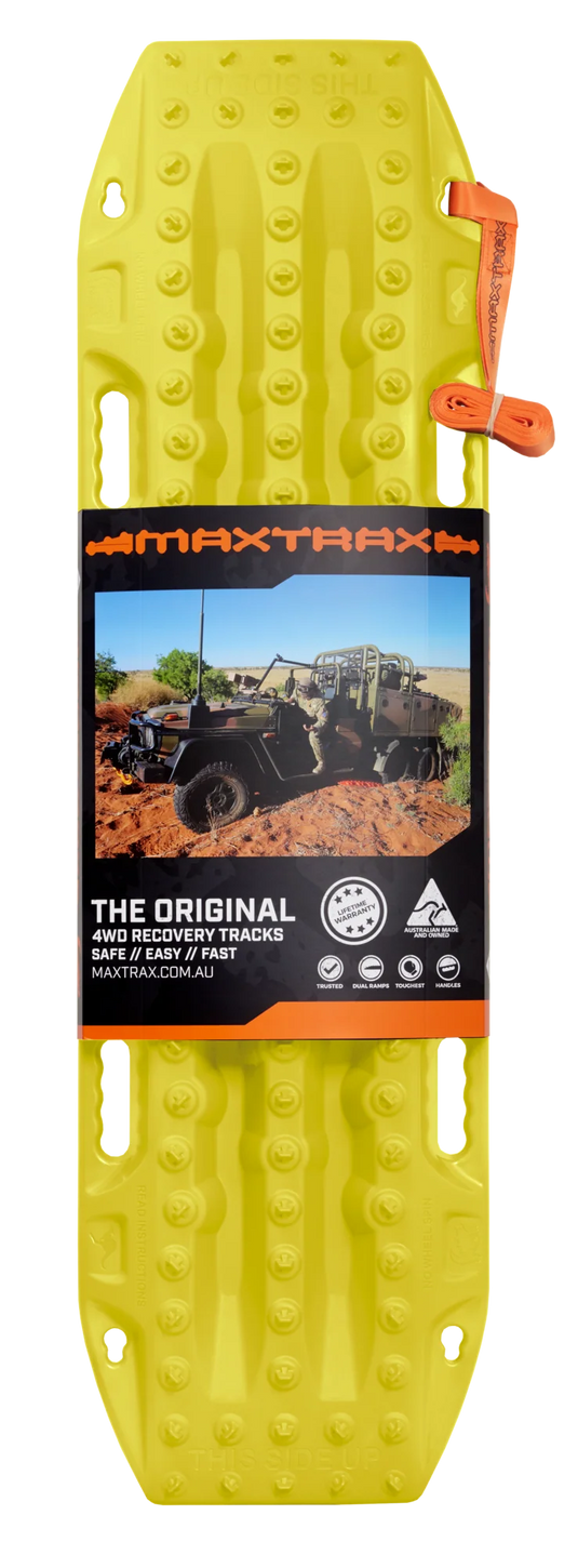 MAXTRAX MKII Blaze Yellow recovery boards in use under 4WD tyre in mud