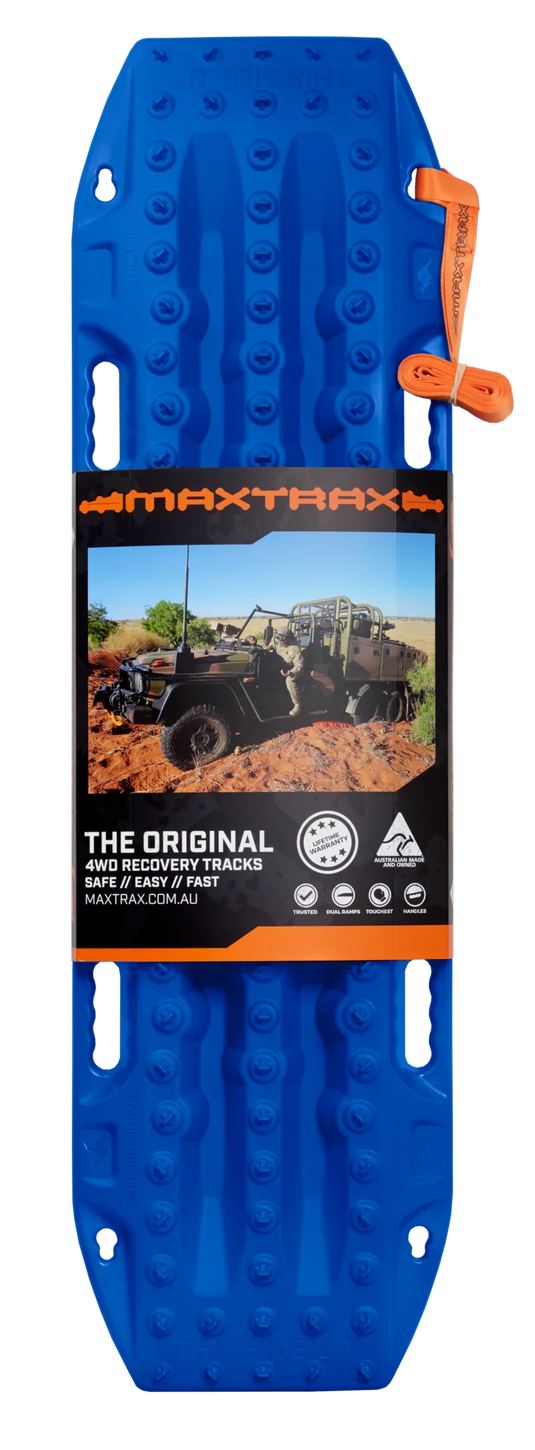 MAXTRAX MKII FJ Blue recovery boards in use under 4WD tyre in sand