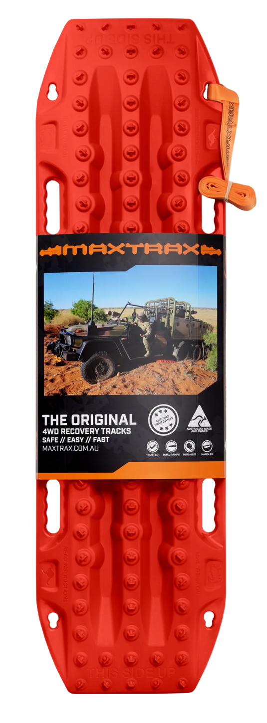 MAXTRAX MKII FJ Red recovery boards in use under 4WD tyre in sand