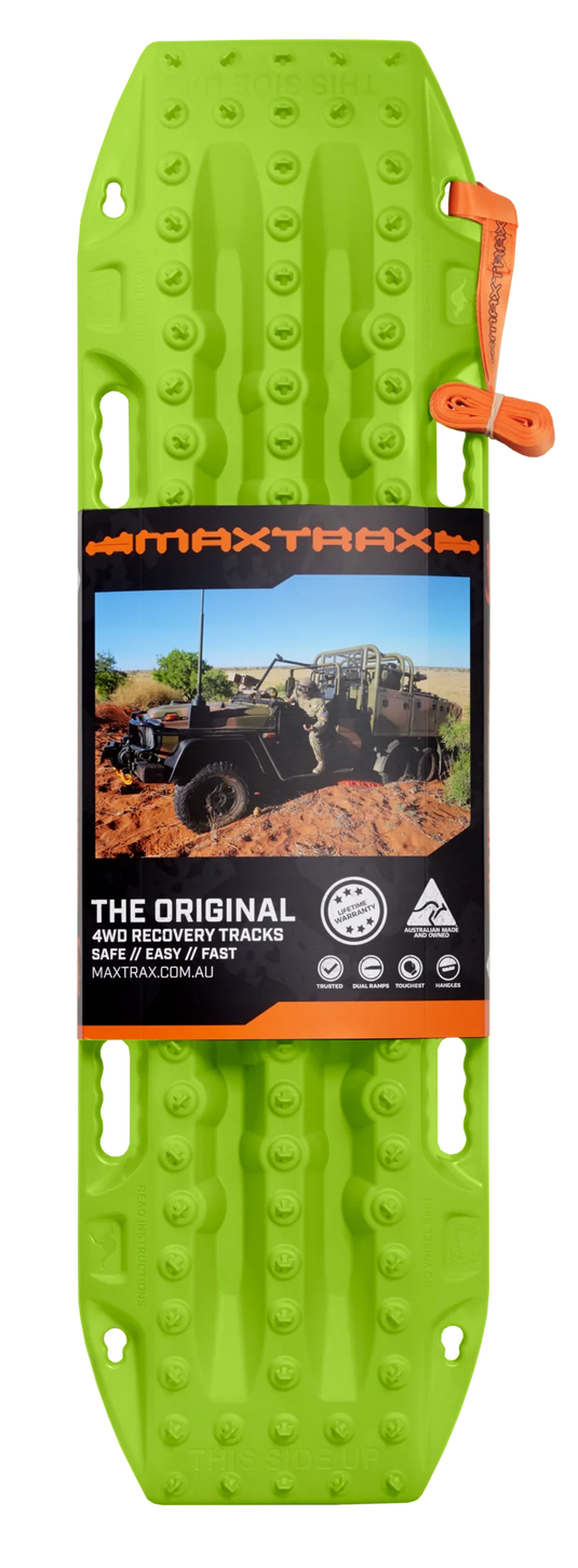 MAXTRAX MKII Lime Green recovery boards in use under 4WD tyre in mud