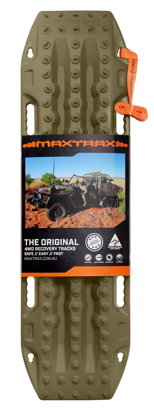 MAXTRAX MKII Olive Drab recovery boards in use under 4WD tyre in sand
