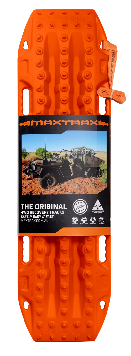 MAXTRAX MKII Signature Orange recovery boards in use under 4WD tyre in mud