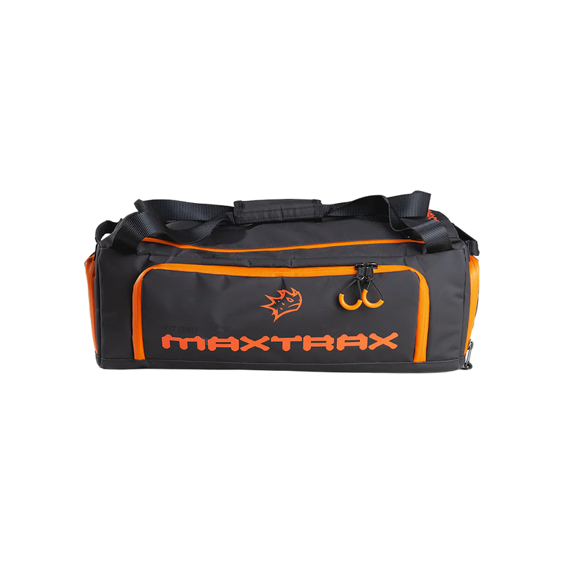 Load image into Gallery viewer, Black and orange duffel bag with &#39;MAXTRAX&#39; branding on a white background
