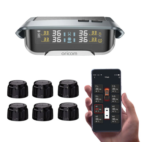 Oricom tire pressure monitoring system with digital display and smartphone app