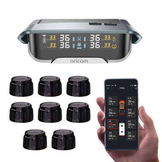 Oricom tire pressure monitoring system with digital display and smartphone app