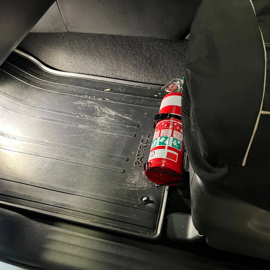 Heavy-duty 3mm steel fire extinguisher bracket for 2017–2023 Nissan Y62 Patrol. No drilling required. Australian-made. Essential 4WD safety gear. Shop now.